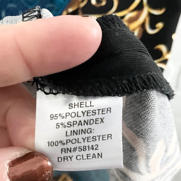 Maggie London Mini dress Paisly Scarf print Stretch Blue Gold Black Sz 6 Petite - Picture 10 of 15